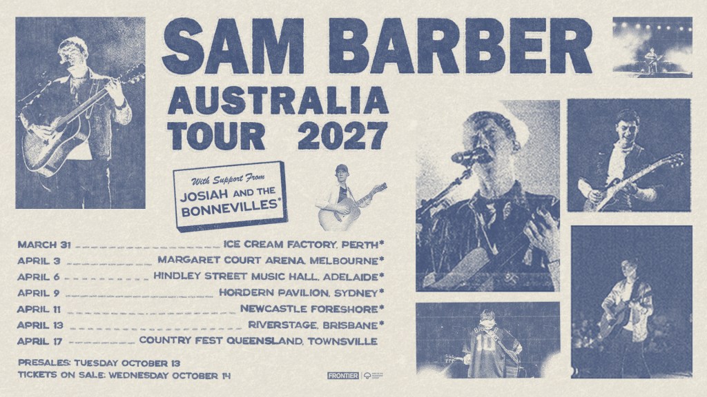 Promotional poster for Sam Barber's Australia Tour 2027 featuring tour dates, location details, and supporting act Josiah and the Bonnevilles.